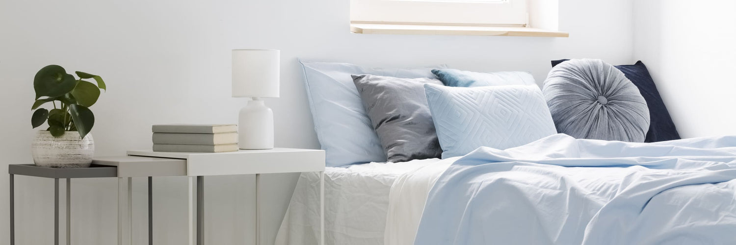 Chambre lumineuse avec lit aux draps bleus, coussins variés et table de chevet avec plante, livres et lampe