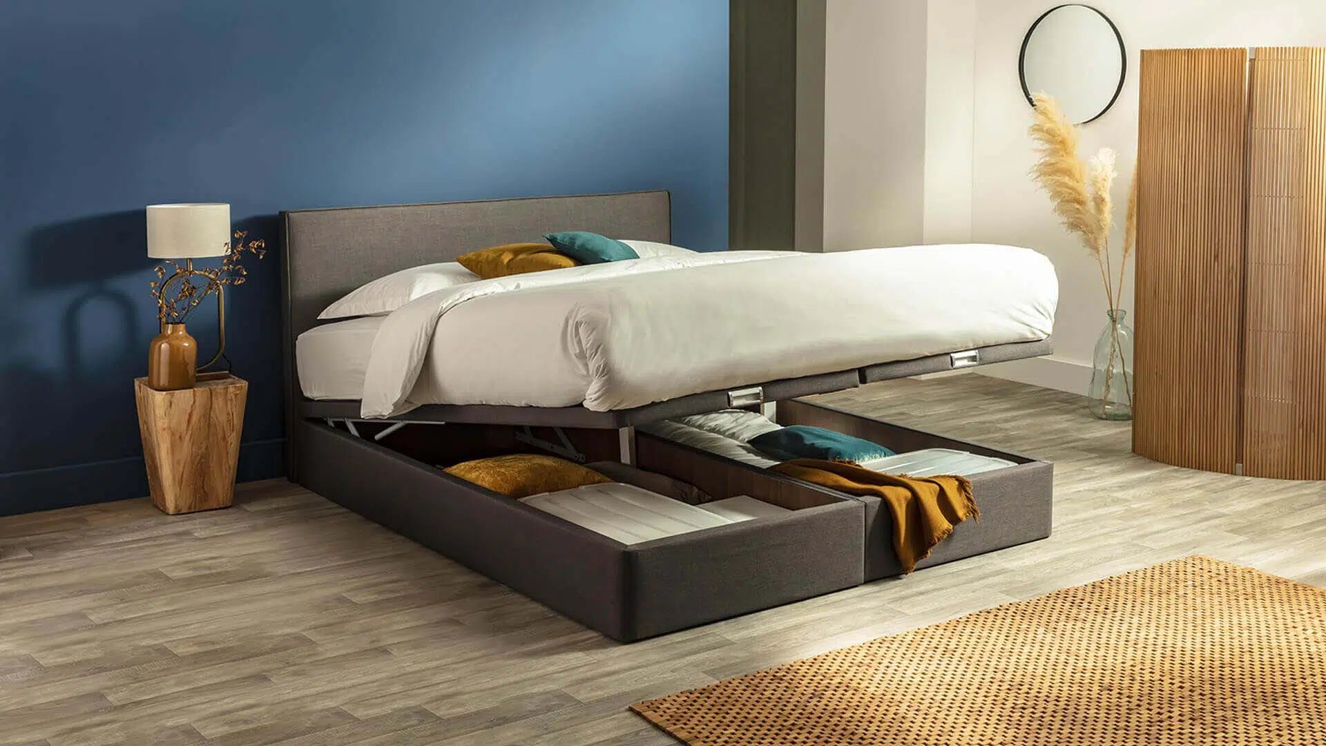 Lit coffre 160x200 cm - Lit double capitonné avec tête de lit oreille - Velours - Sans Matelas - Gris Lit coffre 160x200 cm - Lit double capitonné avec tête de lit oreille - Velours - Sans Matelas - Gris