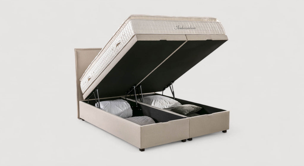 Lit coffre beige Ouessant Luca avec matelas et oreillers, design élégant et fonctionnel