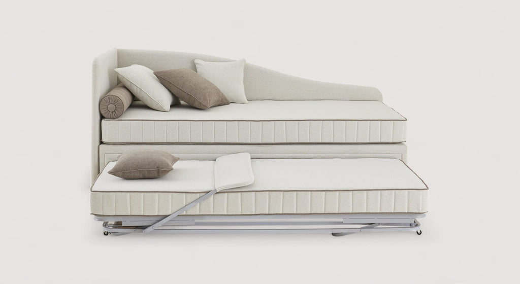 Lit gigogne méridienne Brenda avec coussins, structure beige et matelas déplié