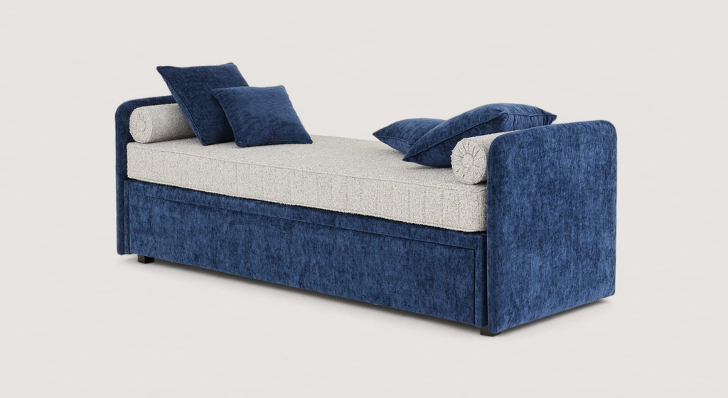 Lit gigogne Kilian bleu avec coussins assortis, design moderne et fonctionnel