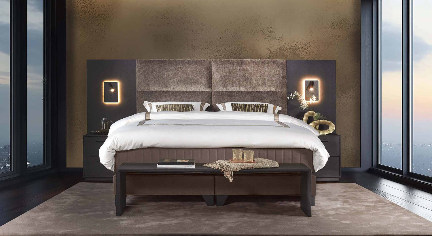 Chambre élégante avec tête de lit en bois Maestro, ambiance moderne et raffinée, éclairage subtil, vue panoramique