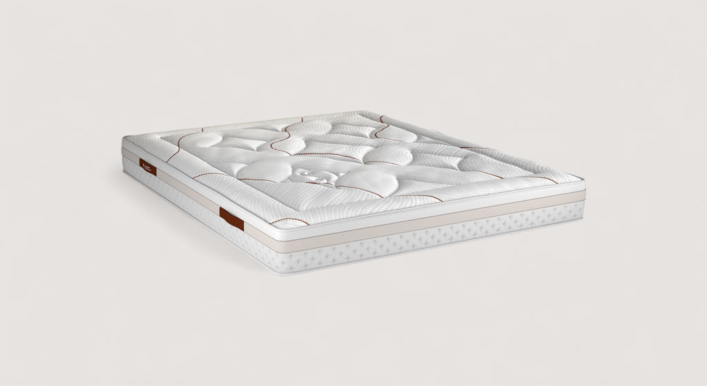 Matelas Zen sur sommier beige avec tête de lit assortie, design moderne et élégant
