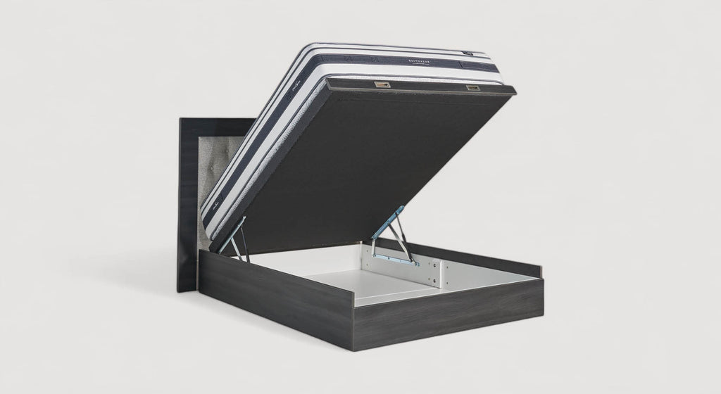 Lit coffre avec matelas Balthazar, tête de lit capitonnée grise, design moderne