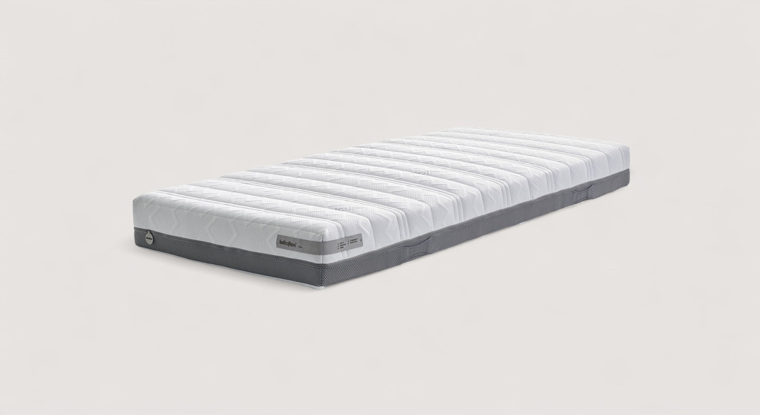 Matelas Zen, design moderne avec surface blanche texturée et côtés gris foncé, présenté en packshot sur fond neutre