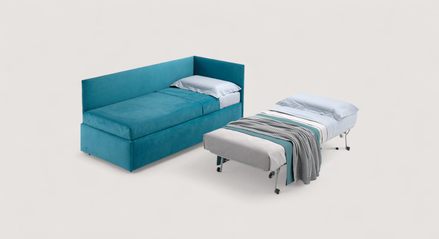 Lit gigogne bleu avec matelas déplié, modèle Samangolox Angolo