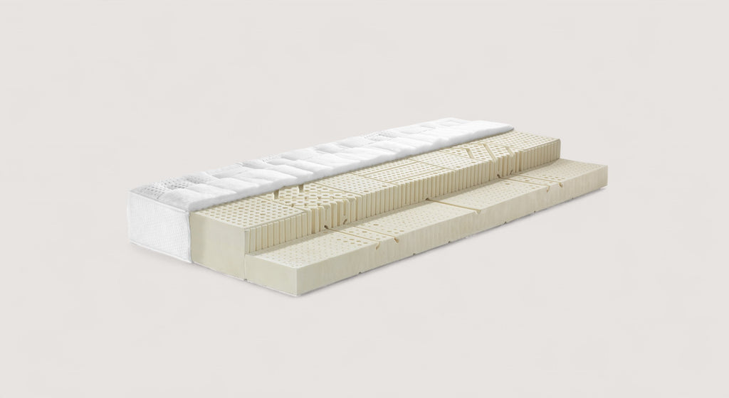 Matelas Versa 24 en latex, vue de coin, avec coutures et motifs linéaires sur la surface blanche