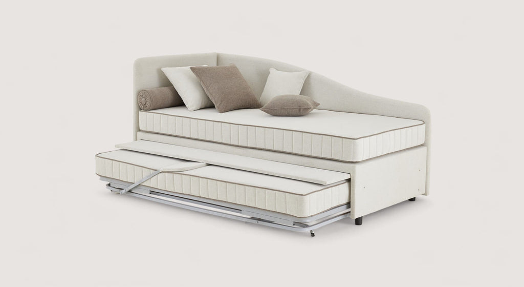 Lit gigogne méridienne Brenda avec structure métallique et coussins beiges, design élégant et fonctionnel