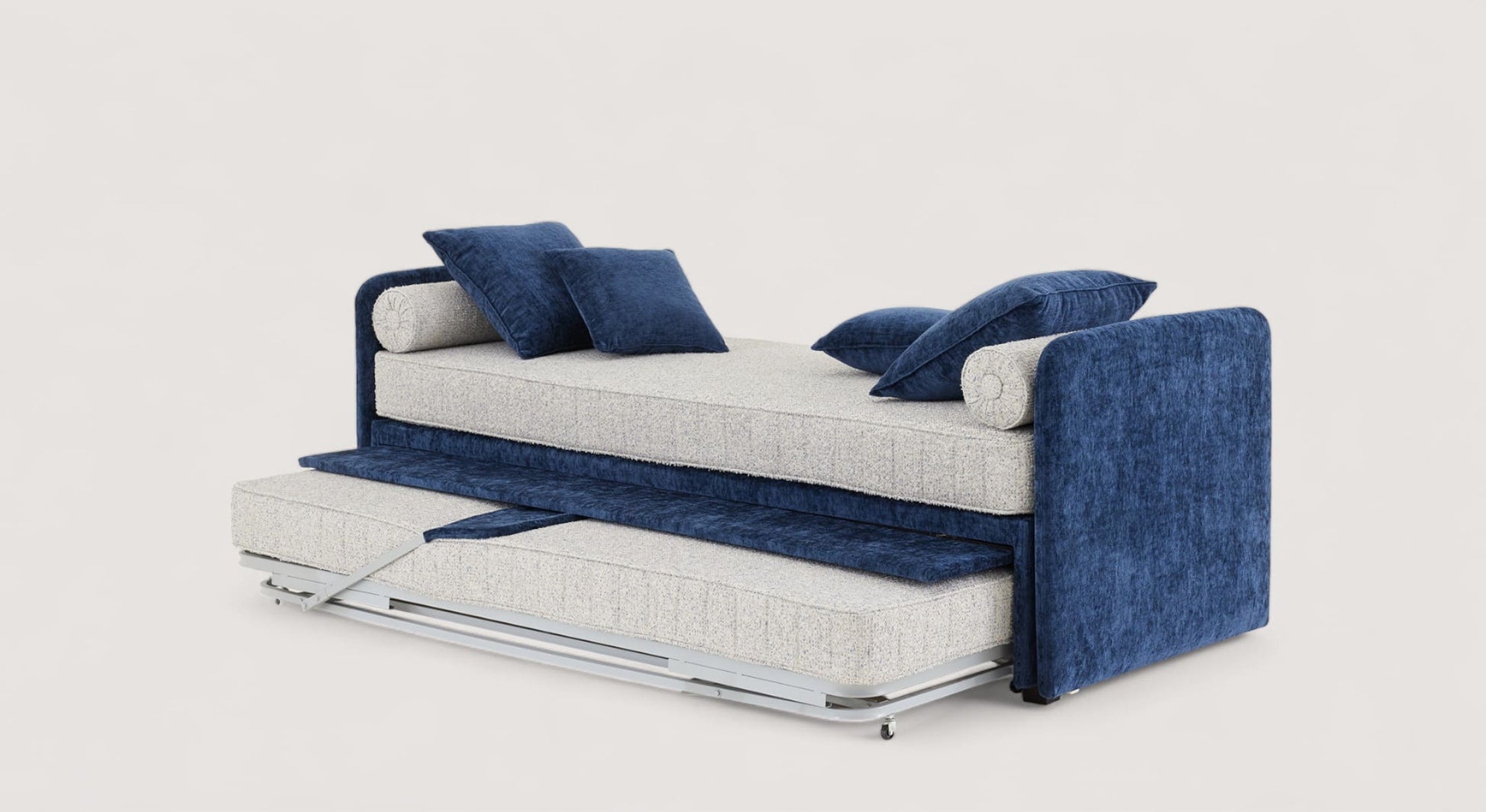 Lit gigogne Kilian bleu avec coussins, matelas gris et structure extensible