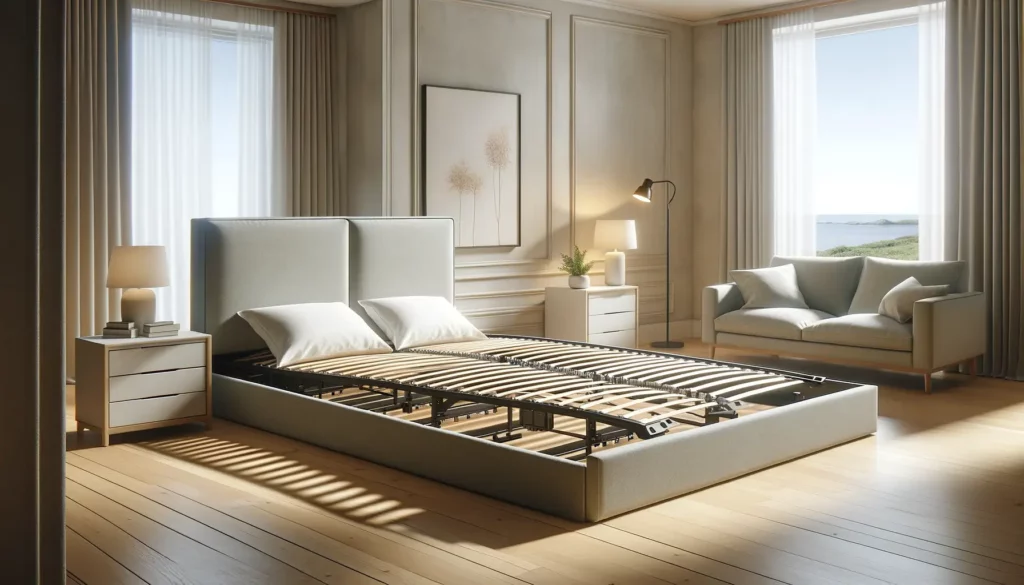 Sommier relevable électrique pour lit coffre dans une chambre au style minimaliste
